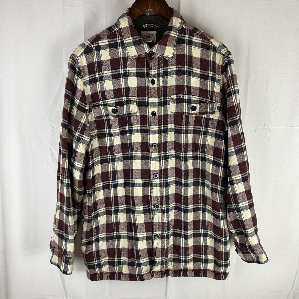 LL Bean Men Shacket Med Plaid Fleece Lined Flannel‎ Shirt Jacket 298189 Outdoor